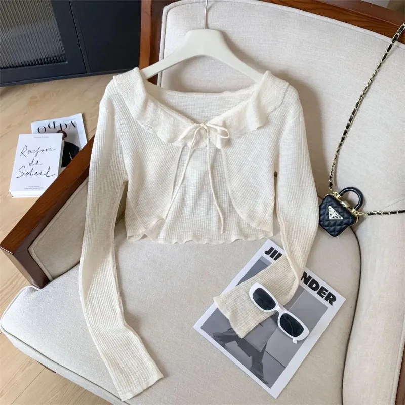 

Women's Cropped Knit Cardigan Peter Pan Collar Bow Tie Front Long Sleeve Ruffle Hem Casual Outerwear