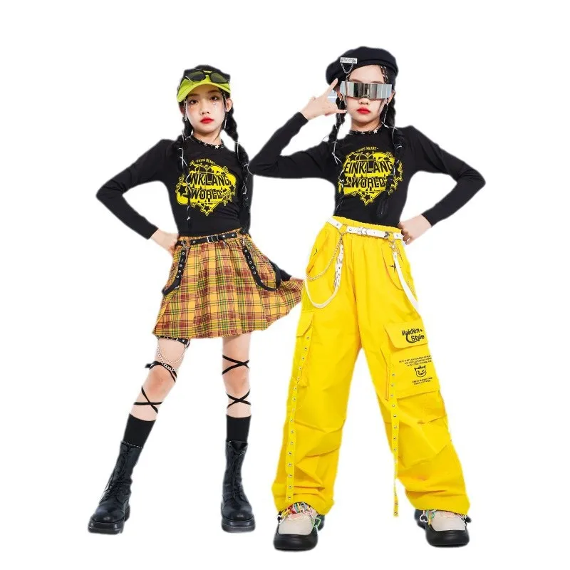 Hip Hop Kids Cool Crop Top K-pop Street Dance Cargo Pants Plaid Skirts Girls Streetwear Children Yellow Jazz Costume Clothes Set