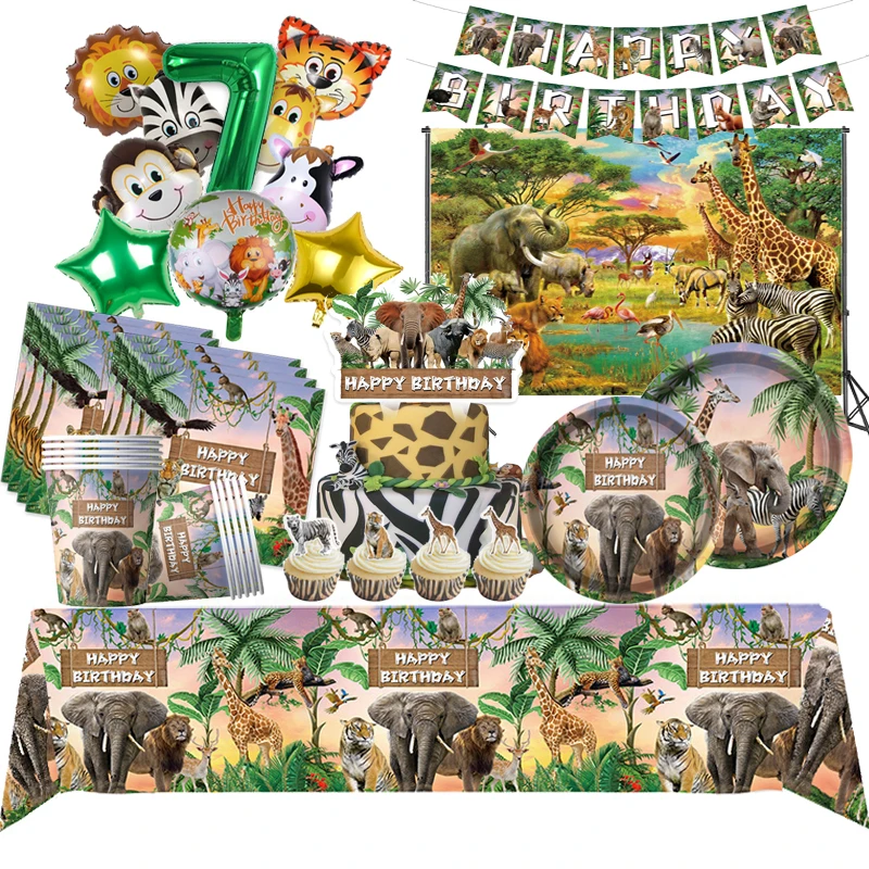 Jungle Animals Birthday Decoration Safari Party Favors Balloons Tiger Lion Zebra Giraffe Disposable Party Tableware Tablecloths