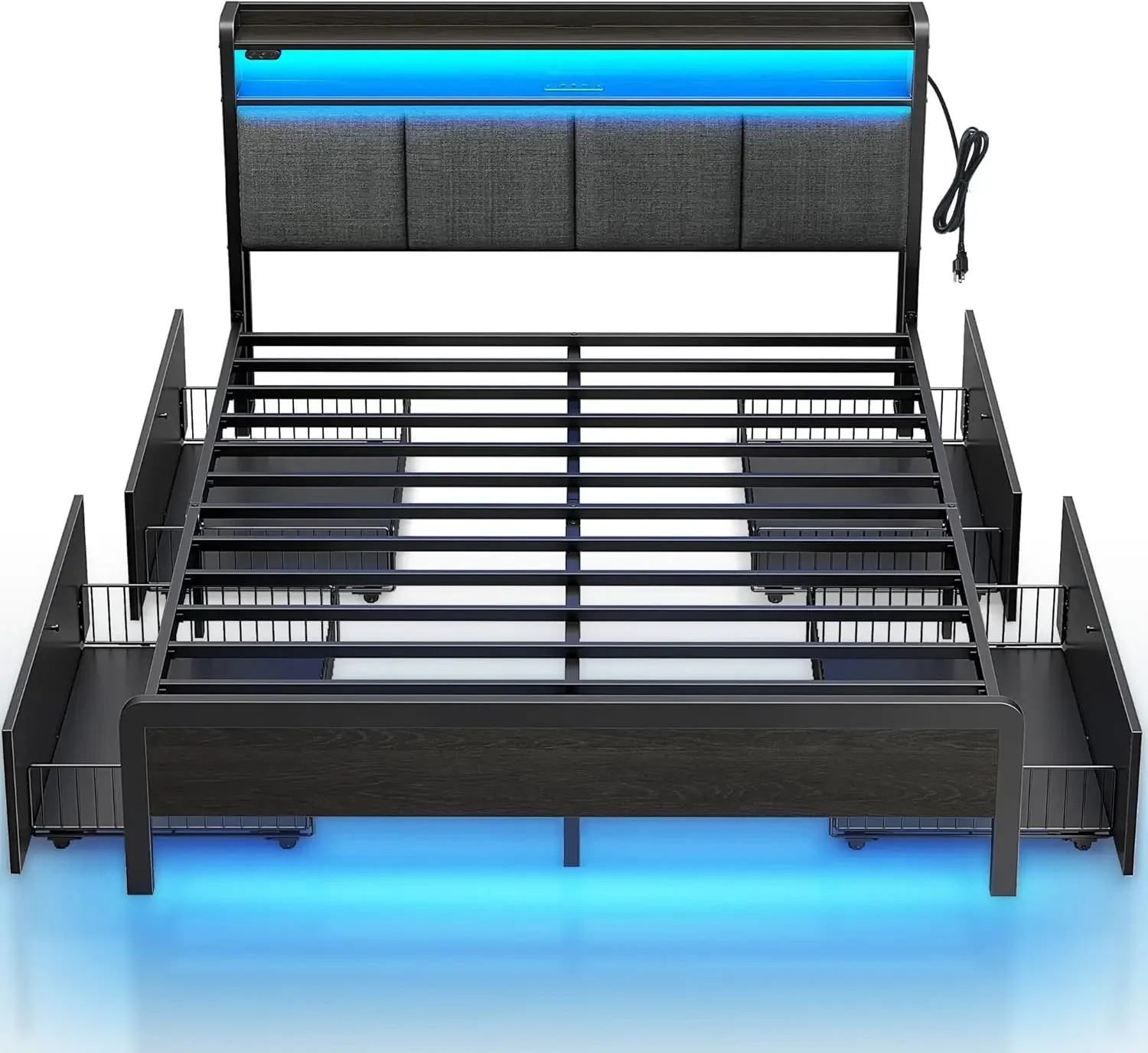 Bed Frame Full Size  Charging Station  LED Lights, Upholstered Storage Headboard ，foldable bed with mattress portable