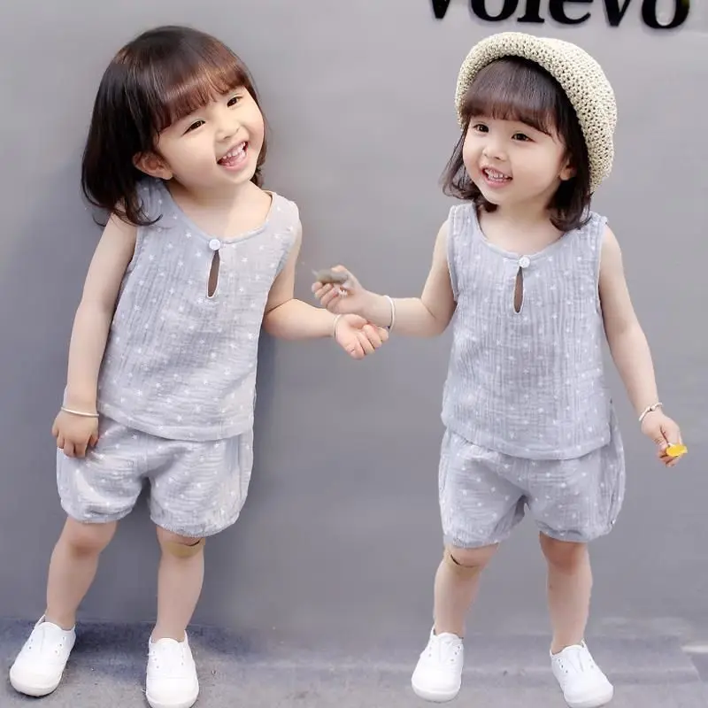 

Boys Girls Suits Clothes Baby Muslin Cotton Outfits Vest Shorts Casual Summer Children's Sleeveless Tops +Pants 2PCS 0-4 Years