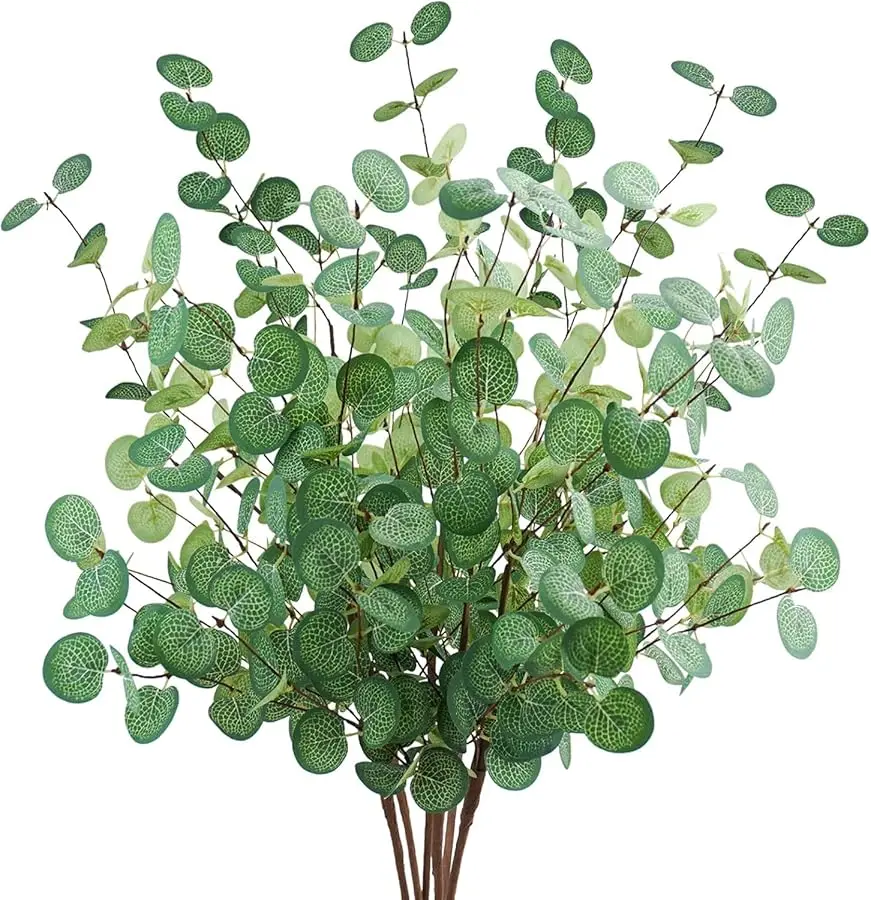

6 Pcs Artificial Eucalyptus Leaves 28'' Tall Faux Silver Dollar Eucalyptus Leaf Branches Greenery Stems Decorations for Home Wed