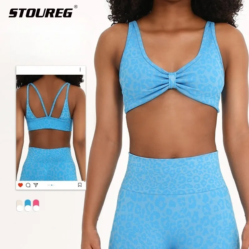 

STOUREG New ladies seamless bow leopard sports underwear sexy cat ears thin straps back yoga bra running fitness sports tops