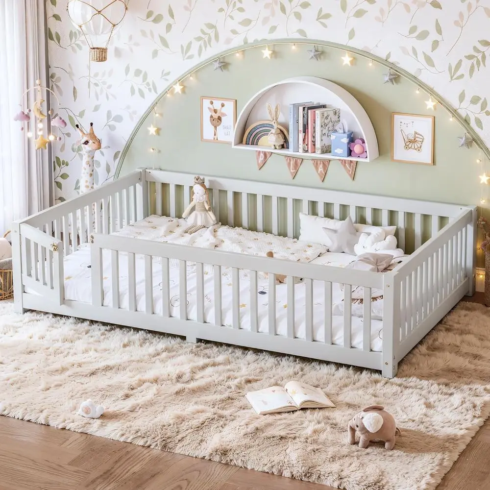 Queen Size Montori loor ed e with Slats and ence or Kids,White | Solid Wood,ull Surround Saety Guardrails,Slat Support,Easy Quic