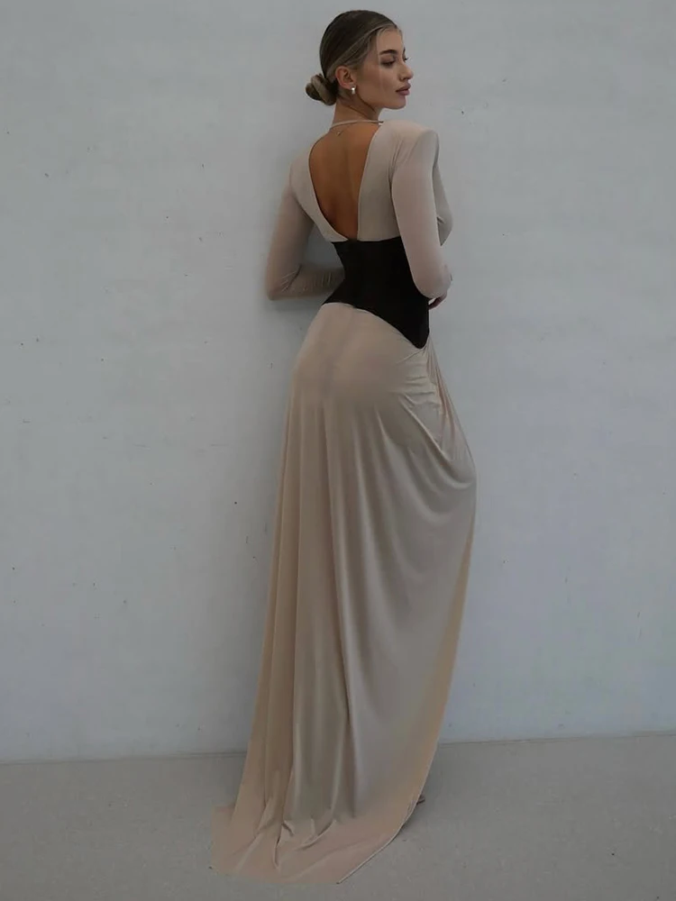 Articat Elegant Long Sleeve Patchwork Bodycon Party Club Evening Dress Women Sexy Deep V Slim Formal Dress Wedding Dress 2026