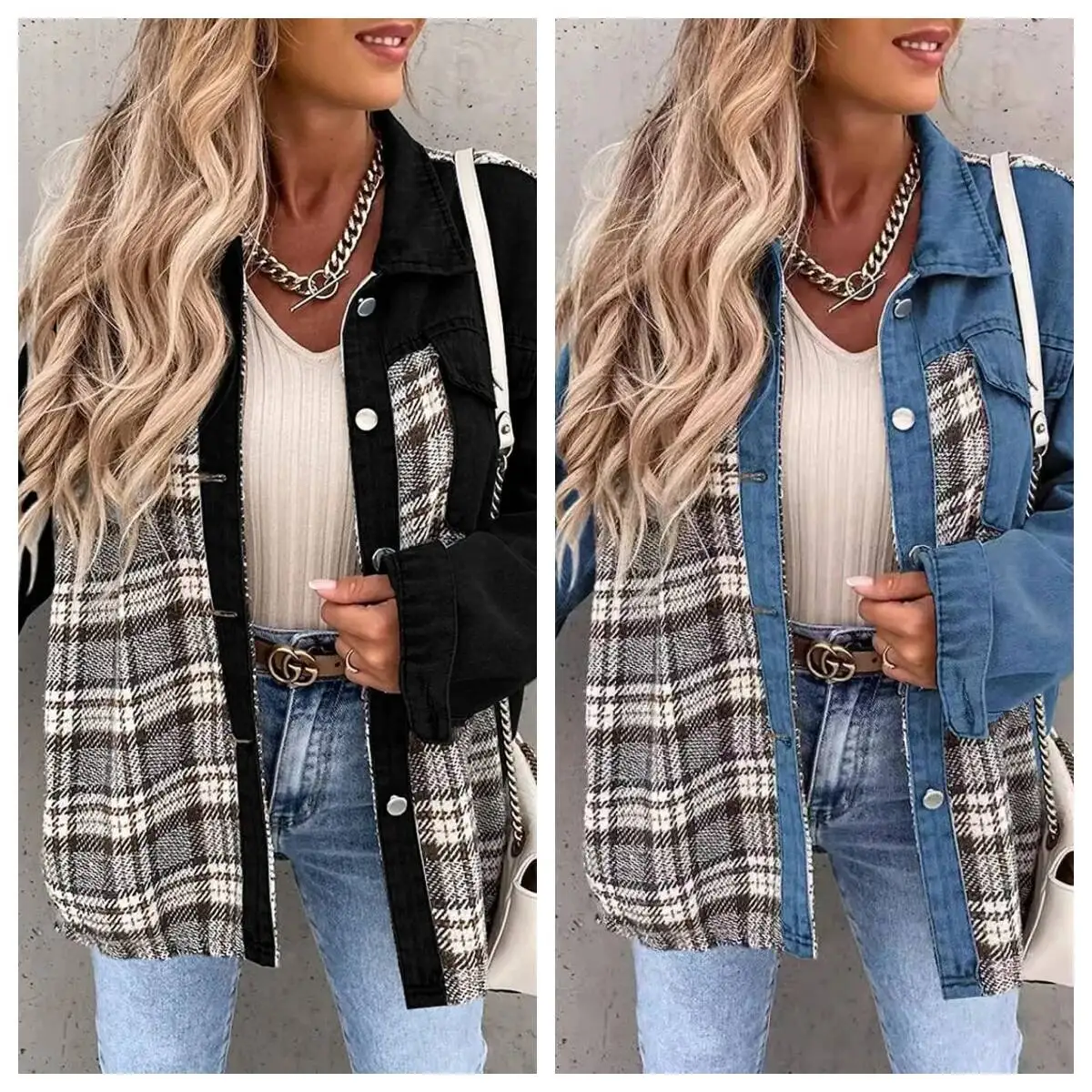

Women Turn-Down Collar Button Coat Spring Autumn Irregular Tops Outwear Mujer Vintage Fashion Plaid Print Patchwork Denim Jacket