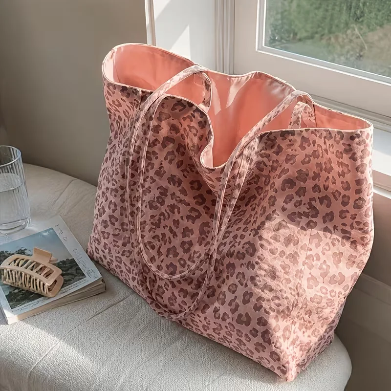 Pink Leopard Print Canvas Tote Bag Large Capacity Reusable Shoulder Handbag Shopping Bag Women Daily School Work Travel Bag image 3