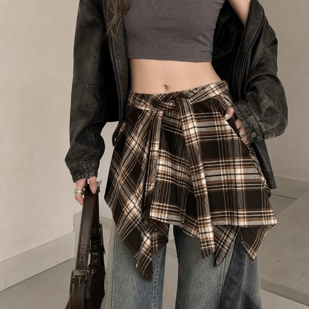 American Retro Irregular Half Body Skirt for Women Plaid Patchwork Layered Ruffle Hip-Hop Waist Seal Skirt Spicy Girl Streetwear