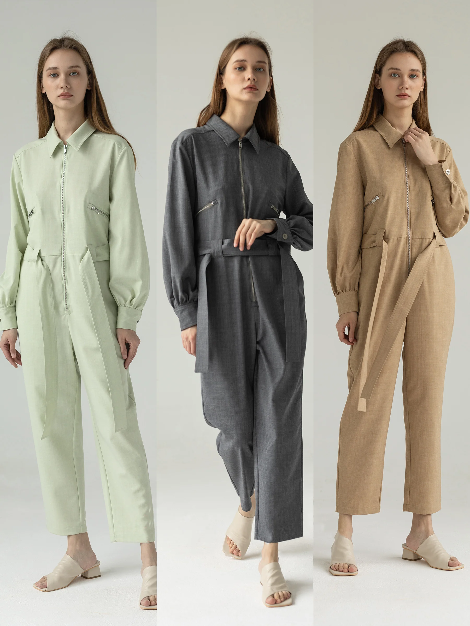 

TINNTINN Slimming Metal Zipper irt Collar Loose Wide Leg Jumpsuit Women's High Waist Commute Sle Polyester Long Pants