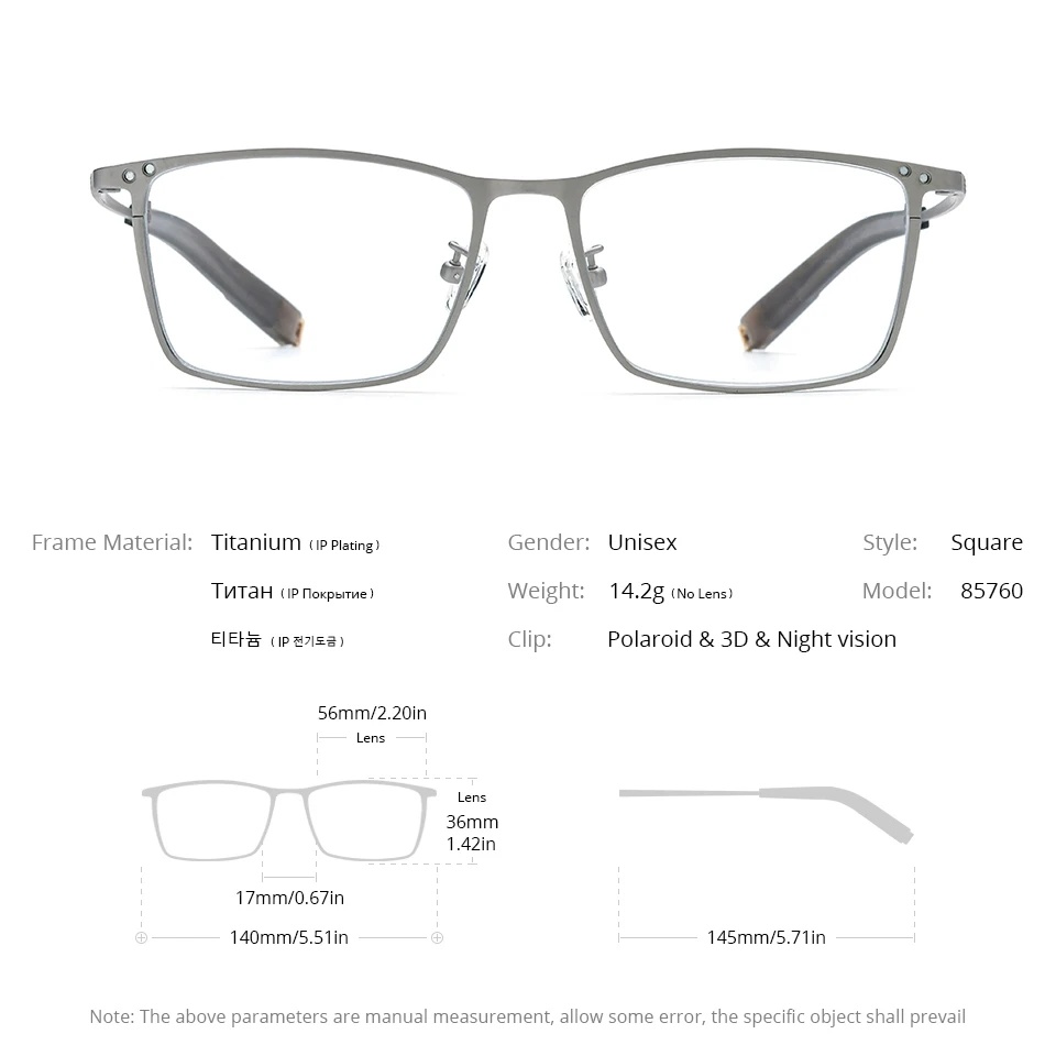FONEX Titanium Glasses Frame Men Square Magnet Clip Eyeglasses with 3D & Night Vision & Polarized Lens Japanese Eyewear 85760