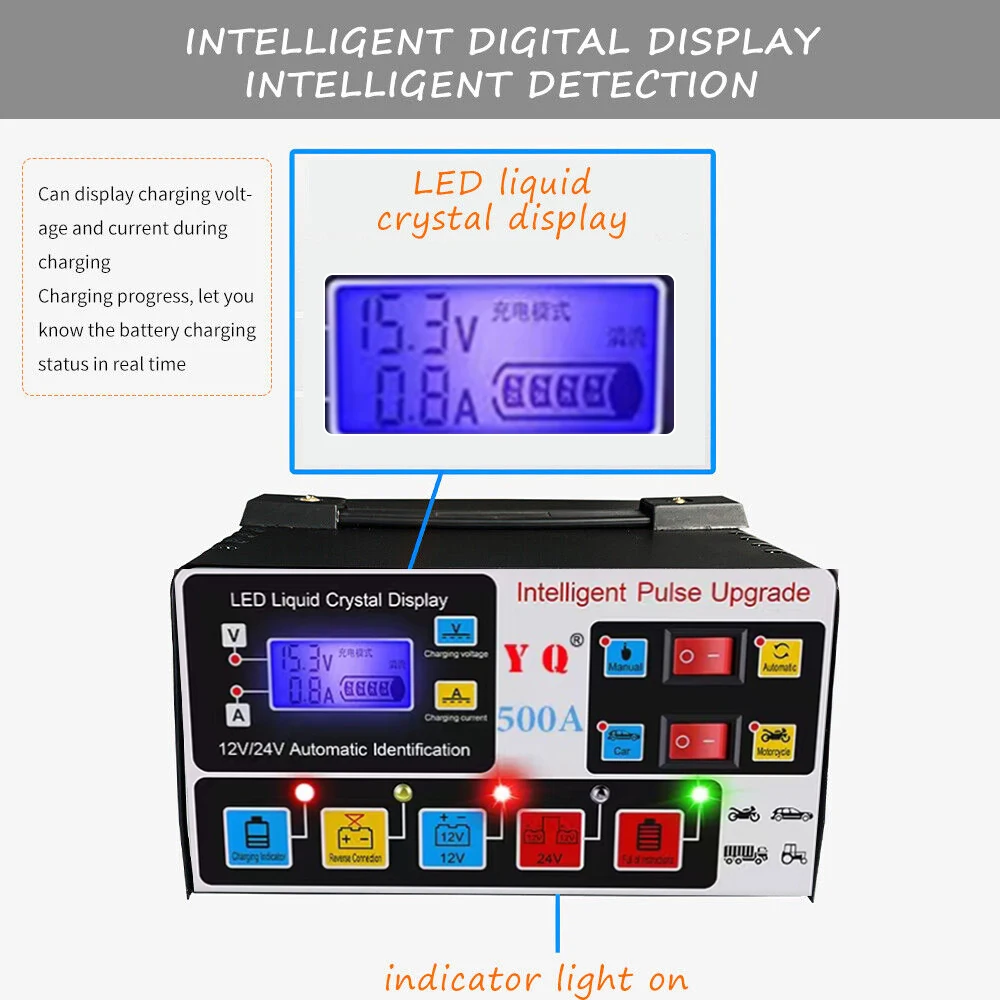 500A High-Power Car Battery Charger 12/24V Intelligent Pulse Repair LCD Digital Display Full-Automatic Self-Stop Battery Charger