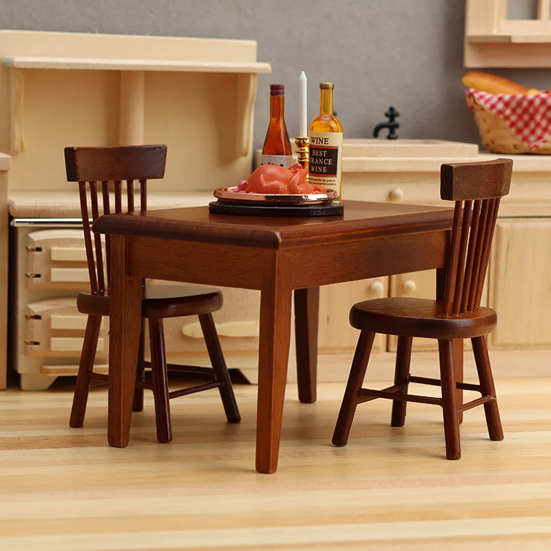 

1/12 Scale Dollhouse Miniature Wooden Dining Table Chairs Set Mini Vintage Table Model For Doll House Kitchen Dining Room