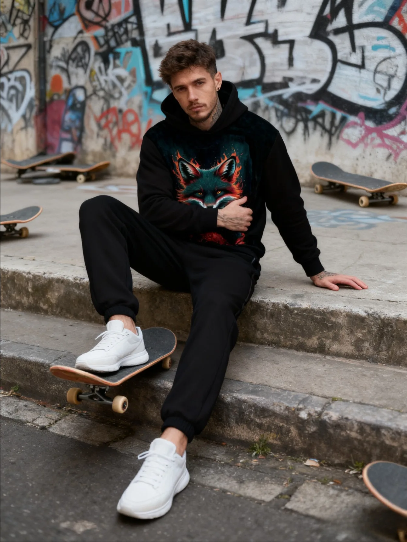 Traje deportivo con capucha y impresión digital para hombres europeos y americanos: tela de sudadera agradable para la piel de alta calidad