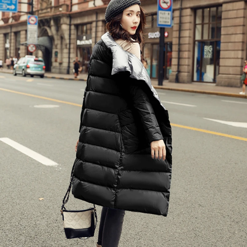 FTLZZ New Winter Elegant Women 90% White Duck Down Coat Double Sided Long Jacket Casual Loose Button Warm Snow Outwear