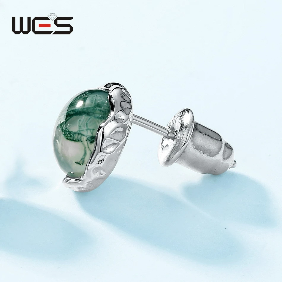 WES 925 Sterling Silver Stud Earrings for Woman Natural Moss Agate 8*8mm Fashion Valentine Anniversary Gift Certified Jewelry