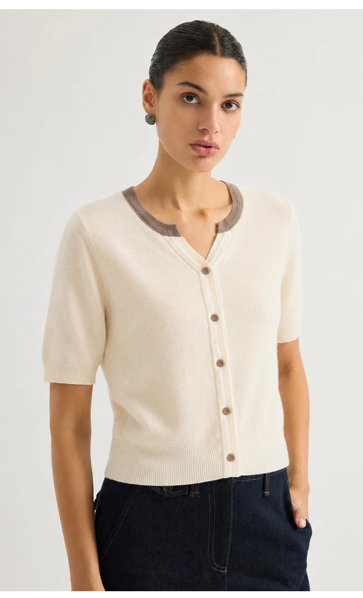 ML62125 Damen Schicker V-Ausschnitt Kurzarm Strickjacke mit Knopfleiste, gerippt, aus Modal-Mischgewebe, Frühherbst-Pullover – Detail 4