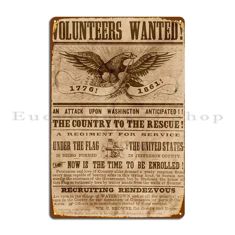 American Civil War Recruitment Poster Metal Sign Living Room Garage Printing Cinema Wall Decor Tin Sign Poster