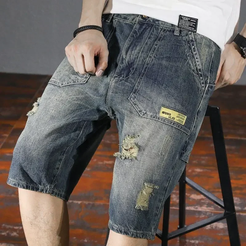 Man Denim Shorts Straight with Pockets Baggy Short Jeans Pants for Men Wide Loose Emo Streetwear Y2k Fashion Retro Blue Buttons