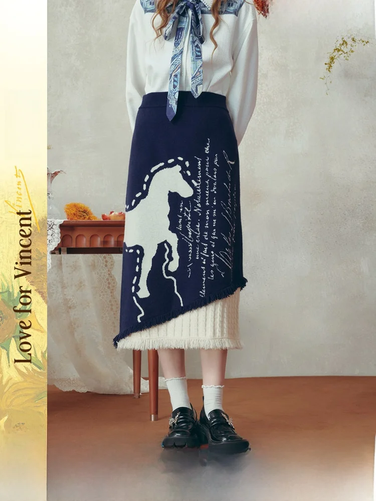 

Artistic Knitted f Skirt with Tassel Hem And Patchwork Design Ele High Waist A-Line Skirt for Women in Winter Season