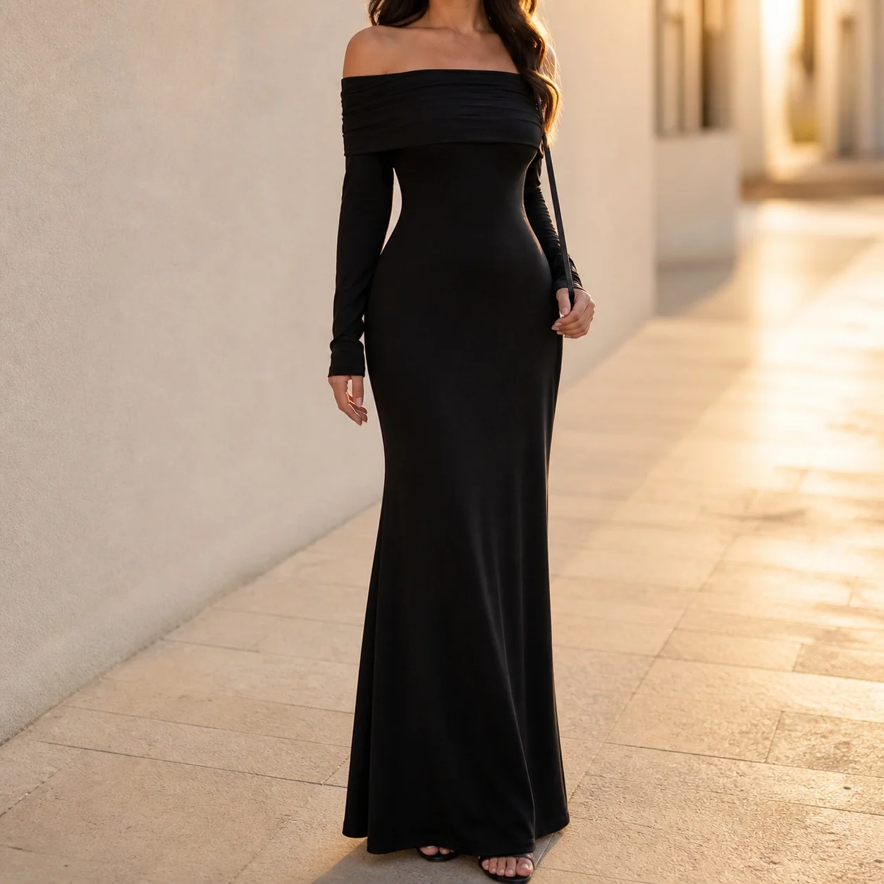 Women's Elegant Pleated Off Shoulder Long Sleeve Solid Color Fitted Long Wedding Guest Dress for Summer Wedding Party 2026