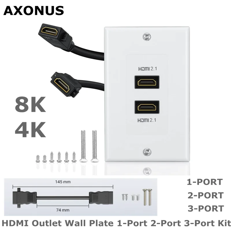 1/2/3 Port HDMI Female to Female Wall Plate, 8K/4K Dual Pass-Through Outlet,48Gbps 18 Gbps for Clean Home Theater Wiring