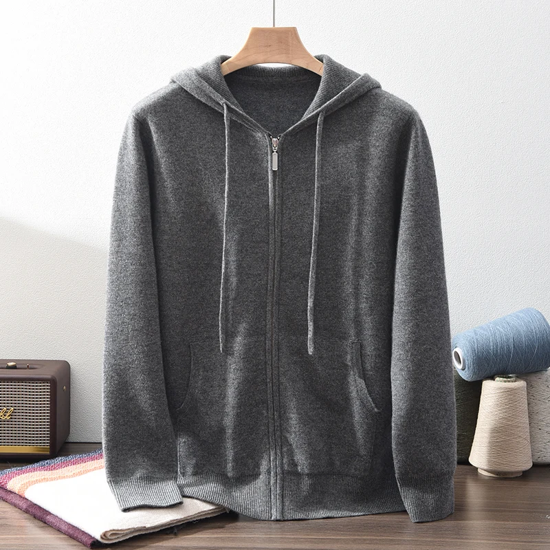 High quality 100% cashmere men's suit hooded collar zipper cardigan jacket casual loose knitted pants pocket two-piece set thick