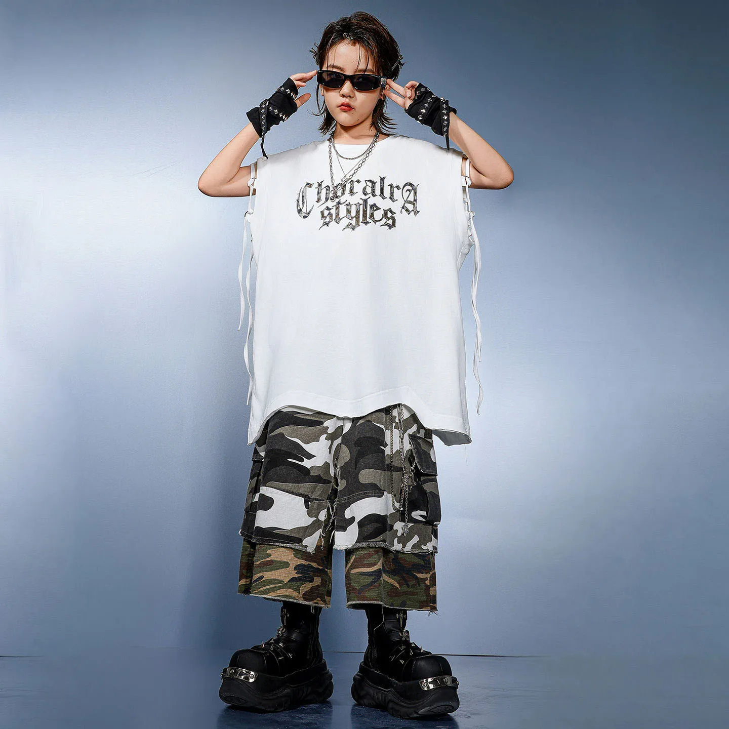 Vêtements Hip Hop Kpop pour enfants, débardeur Long à bretelles blanches, camouflage bloc de couleur, short Cargo, pantalon moyen pour filles et garçons, Costumes de danse
