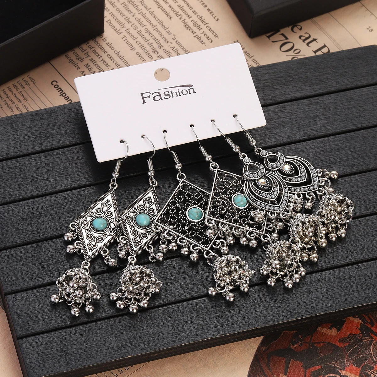Juego de pendientes bohemios de Color plateado para mujer y niña, aretes colgantes geométricos de piedra azul Vintage, joyería Brincos de moda 2023