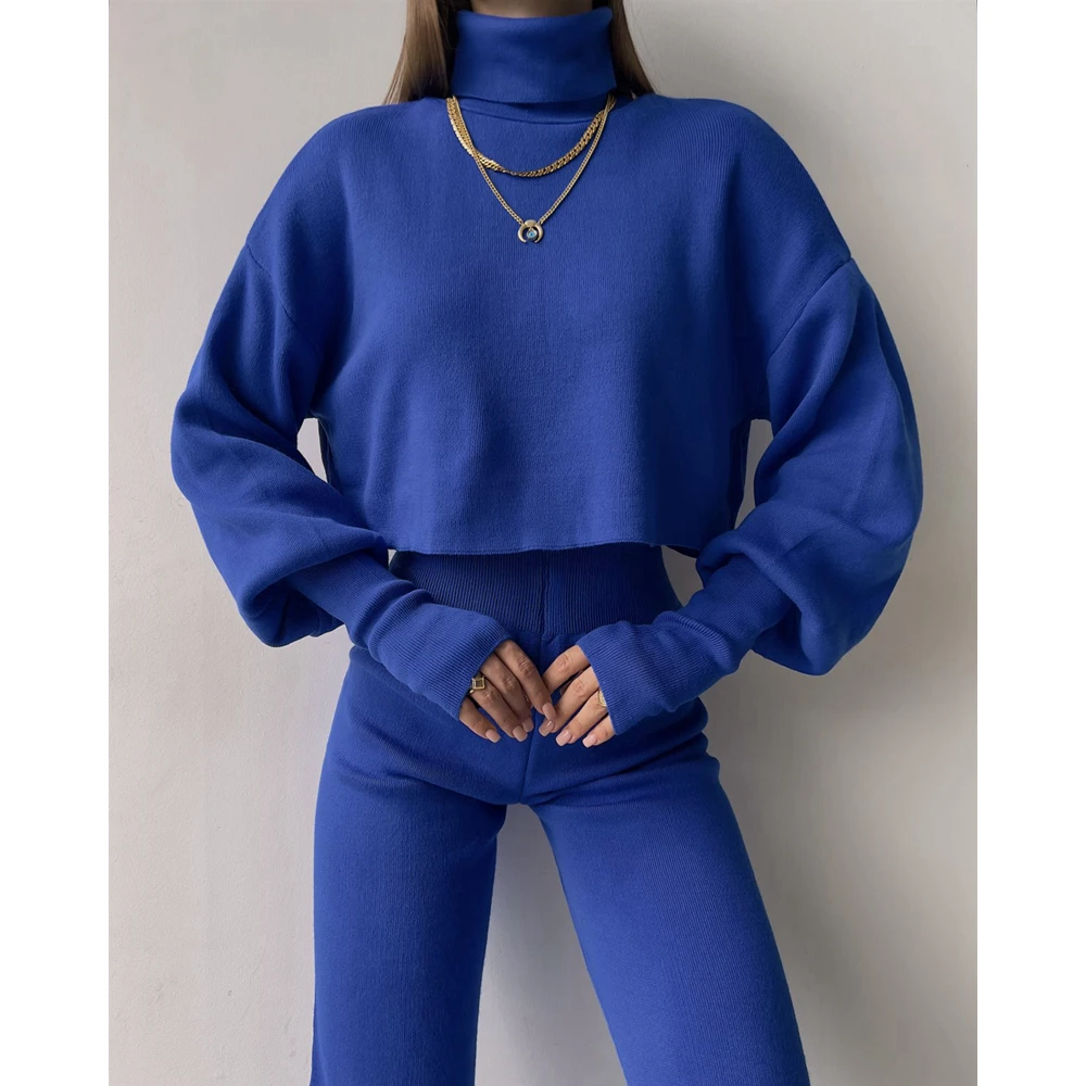 

Casual Women Knitted Ribbed High Neck Long Sleeve Top & High Waist Pants Set Fashion Two Pieces Sets Autumn Outfits Streetwear