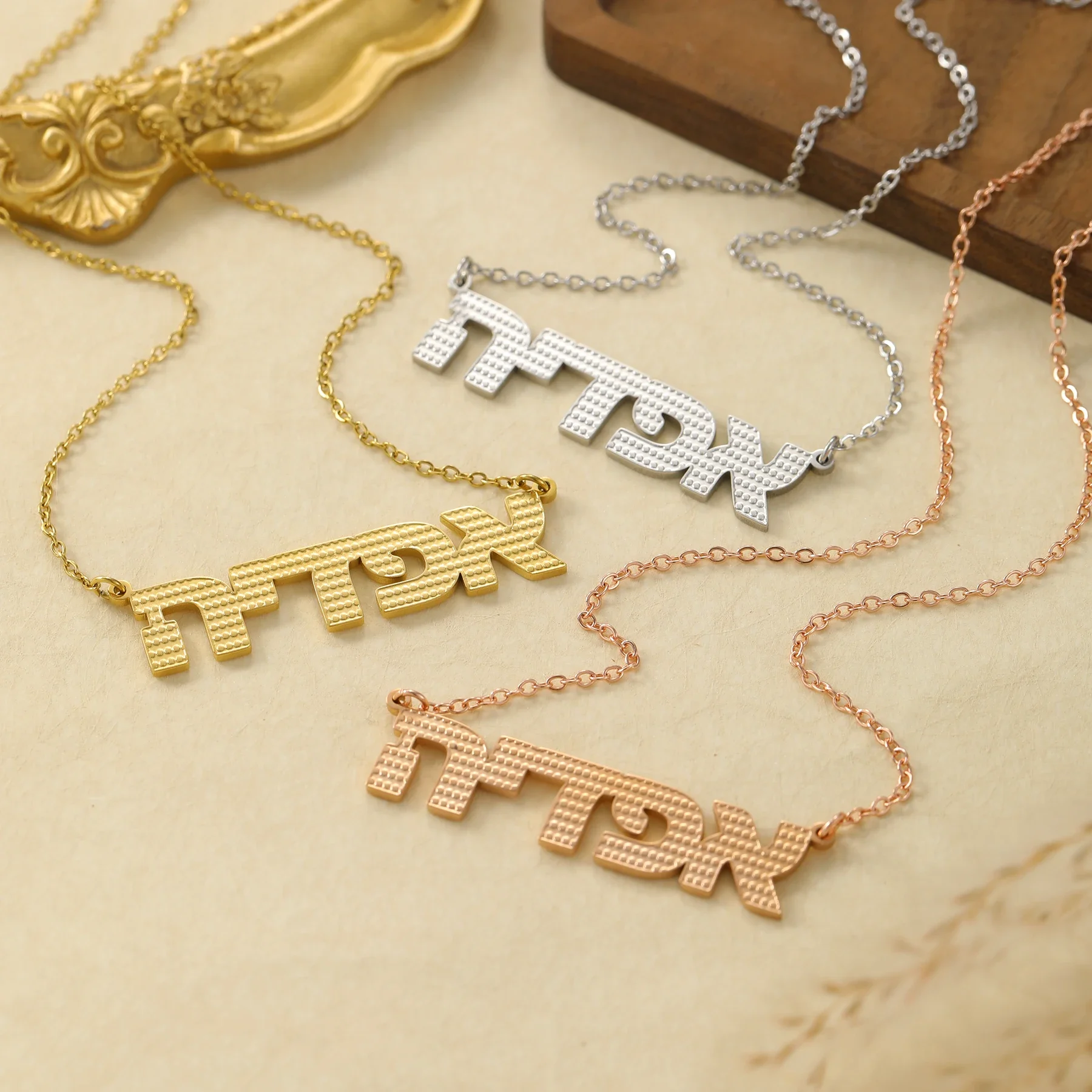 Personalized Hebrew Necklace Custom Name Hebrew Point Pattern Name Necklace Waterproof Nameplate Luxury Jeweley Gift for Her