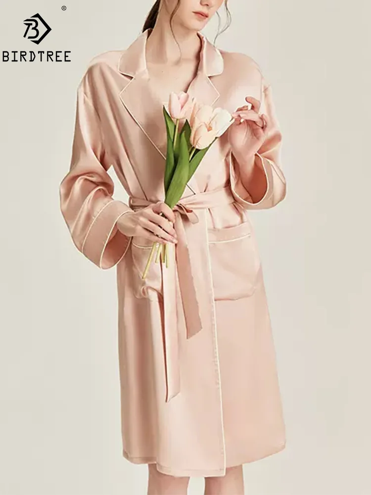 

BirdTree 6A 19MM 100%Real Silk Satin Night Robe, Women Notched Neck Sash, Elegant Simple Pajama Robe, 2024 Spring Fall P469122QM