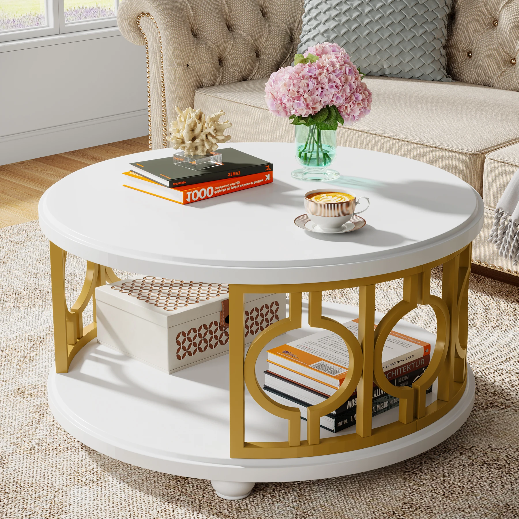 Tribesigns Round Coffee Table, 2-Tier Circle Coffee Table with Storage Shelf, Modern Center Table for Living Room & Office, Whit