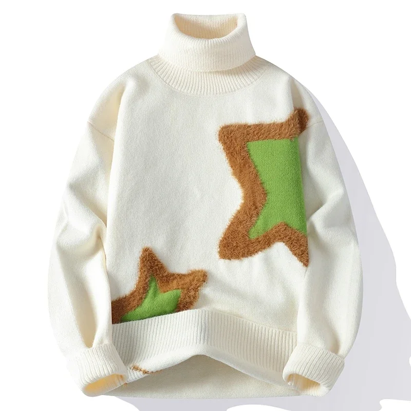 Winter New Fashion Color Matching Sweater for Men Harajuku Turtleneck Trend Star Printing Soft Warm Knitwear