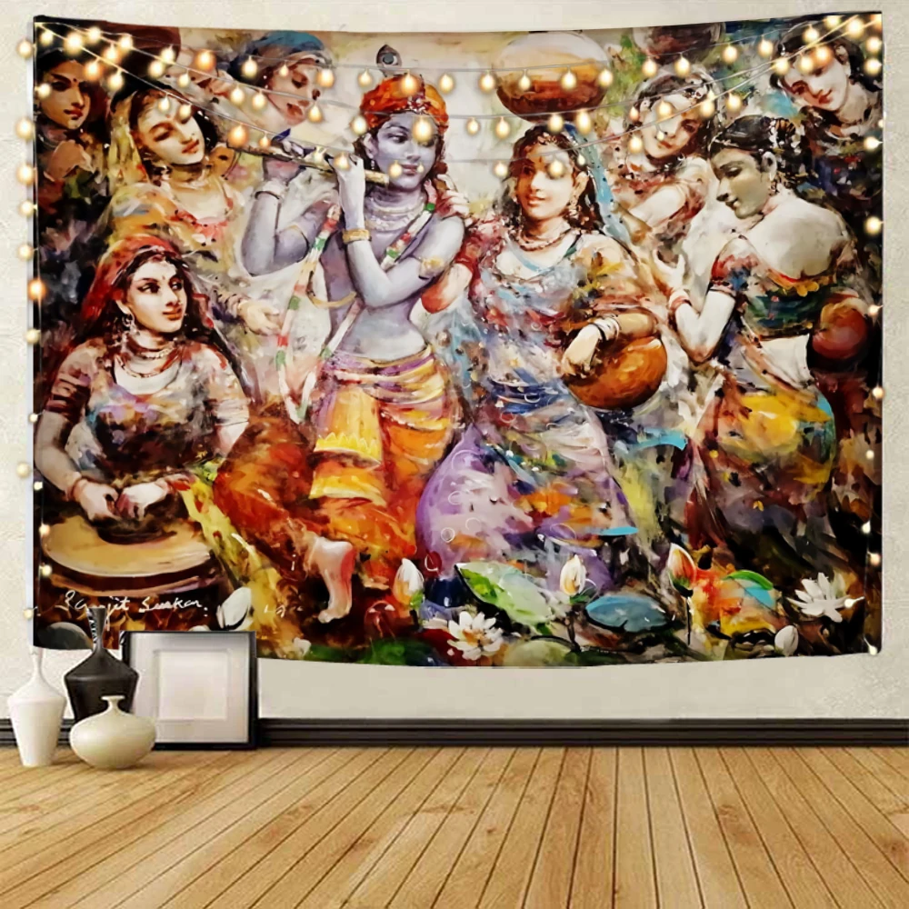 Ethnic Dance Girl Dancing Oil Painting Background Decoration tapestry Girl Happy Dance Background Decoration tapestry