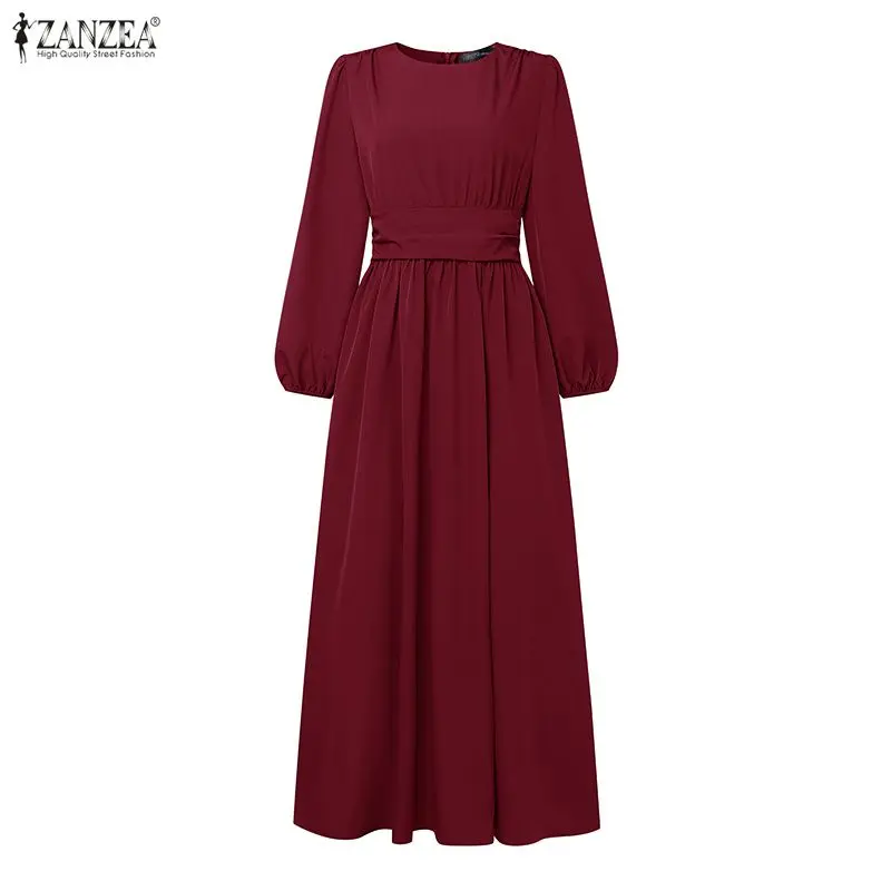 우아한 무슬림 아바야 드레스 ZANZEA 여성용 스타일리시한 솔리드 A라인 파티 드레스 O넥 긴팔 선드레스 라마단 로브 베스티도 카프탄