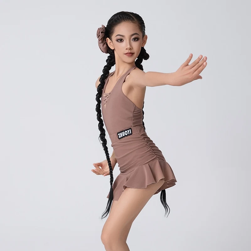 Girls Latin Dance Clothes Kids Practice Clothing Khaki Black Latin Dress Cha Cha Rumba Dance Training Performance Wear DNV20887