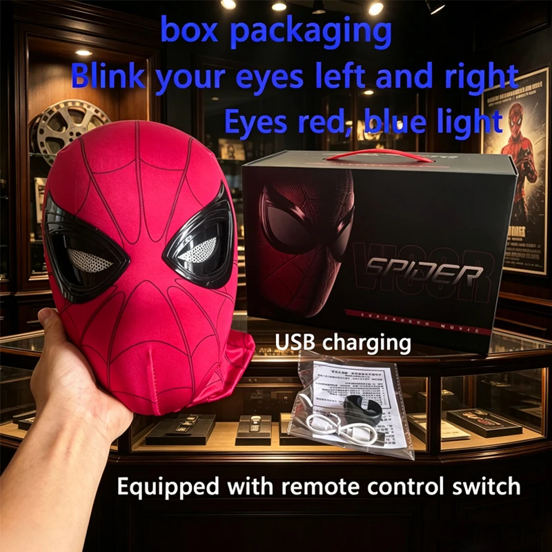 Hot //New Spider-Man 1:1 Scale Electronic Mask With Moving Glowing Eyes Ring Control Cosplay Wearable Toy Halloween Xmas Gift