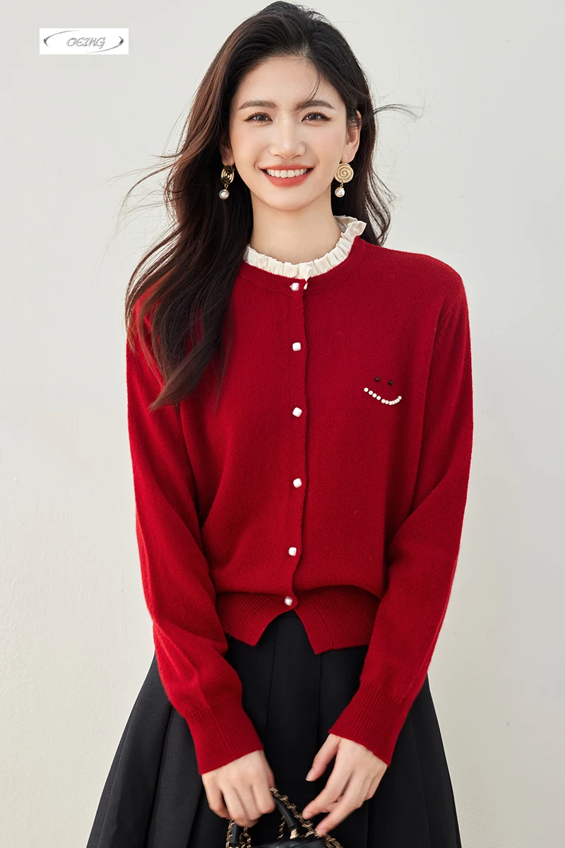 

Women Chic Mock Neck Spliced Long Sleeve Red Cardigan Coat Knitted Sweater Autumn Winter Elegant Korean Style Tops Knitwear 5212