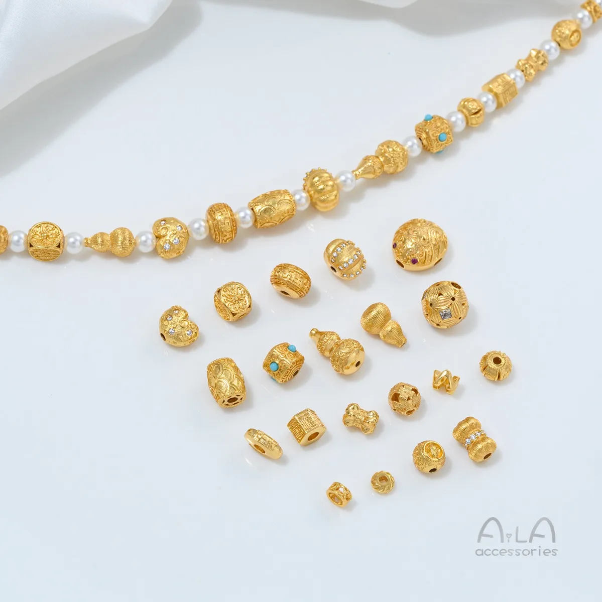 Brass 24K Real Gold Plated Zircon Heart Pumpkin Groove Spacer Beads Turquoise Square Loose Beads DIY Sand Gold Jewelry Findings