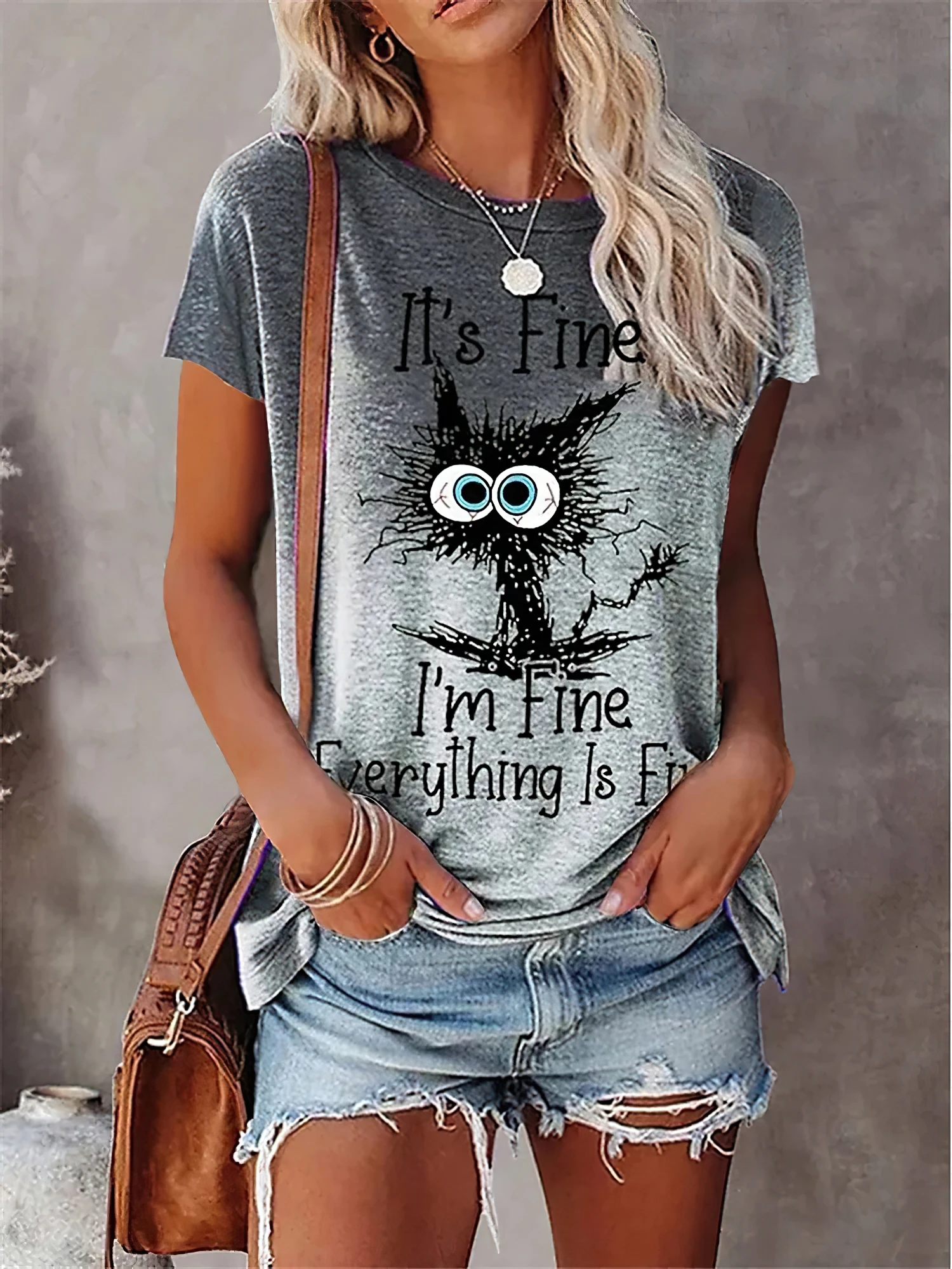 Funny Cat Print Women O-Neck T-Shirts Casual Style Pullover Loose Short Sleeves Oversized Tee Shirt Summer Female Clothing 2024