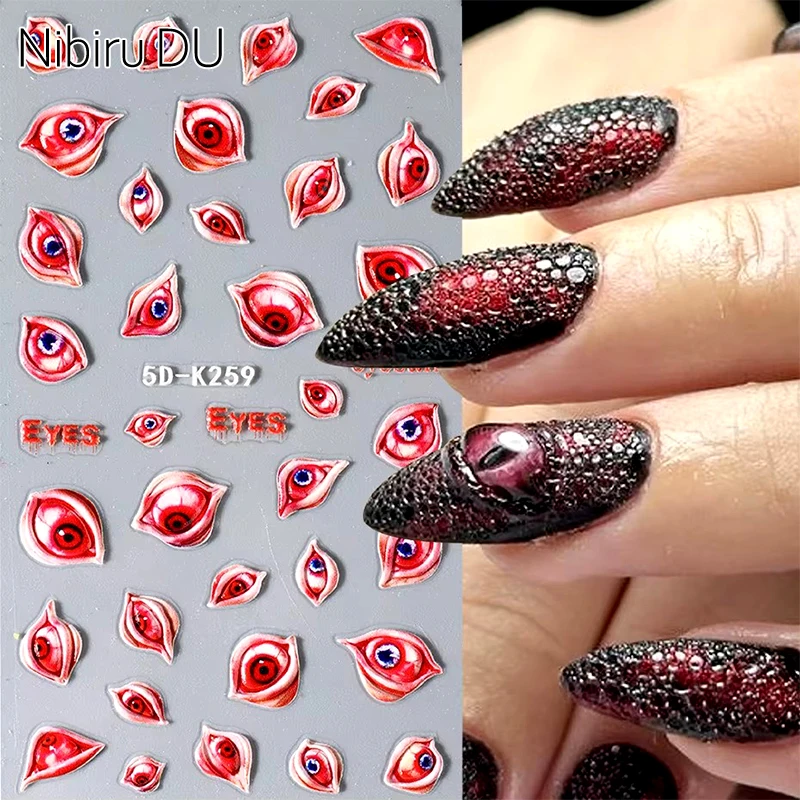 5D Halloween Blood Eye Bones Nail Art Stickers Embossed Horror Eyeball Skull Self-Adhesive Decals Halloween Decoration Manicure