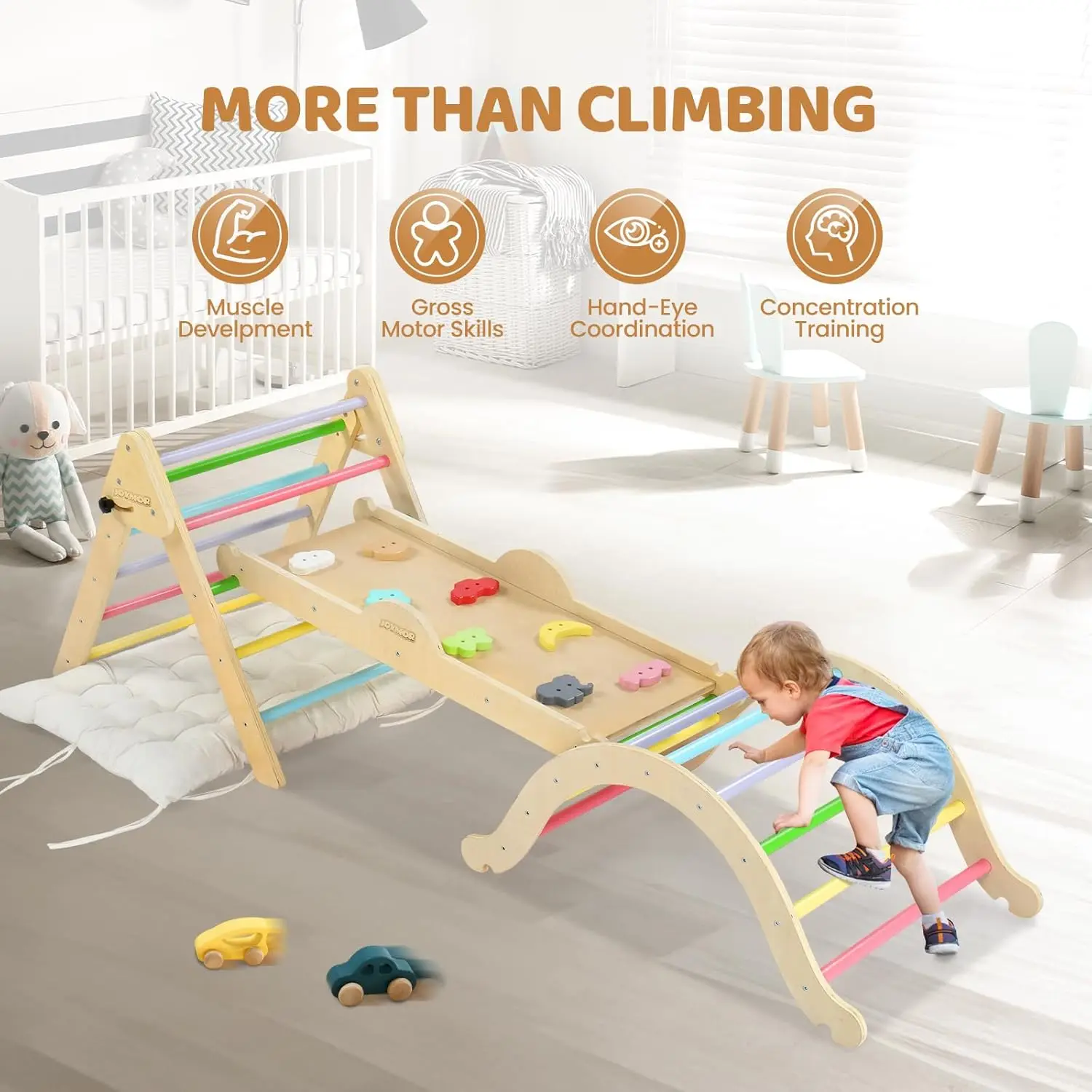 9-in-1 Pikler Triangle Set with Cushion Large, Montessori Wooden Climbing Toys for Toddlers with Colorful-Patterns Rocks, Seesaw