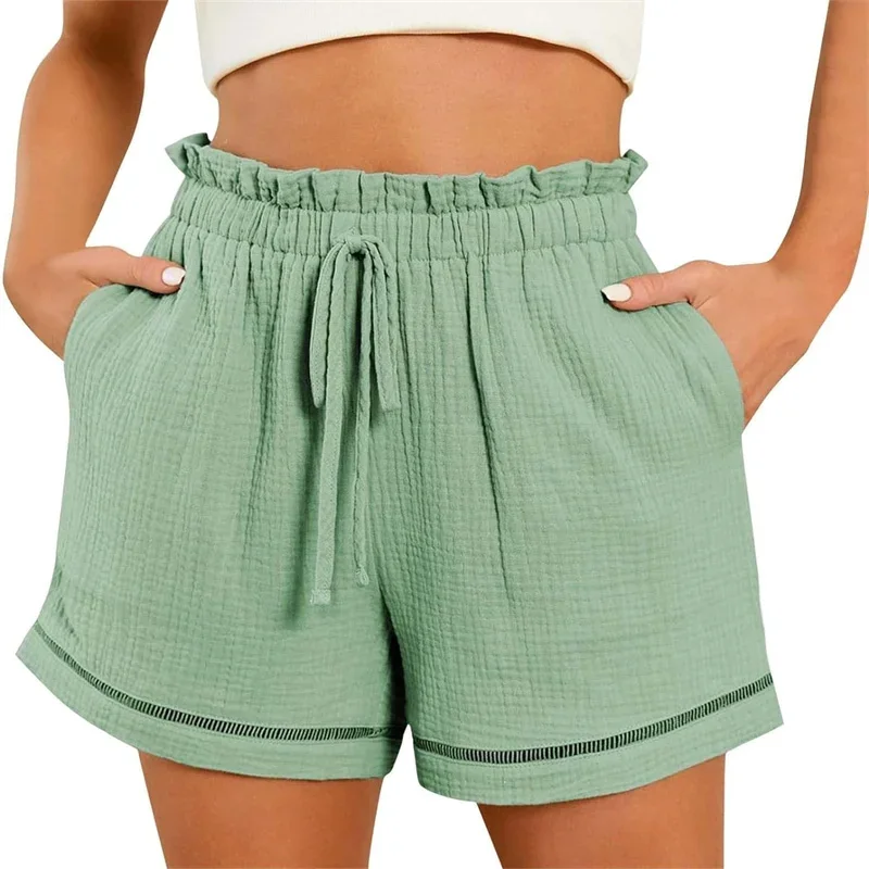 Short d'été taille haute pour femmes, couleur unie, décontracté, taille élastique, jambes larges, avec poches, confortable, pour la plage