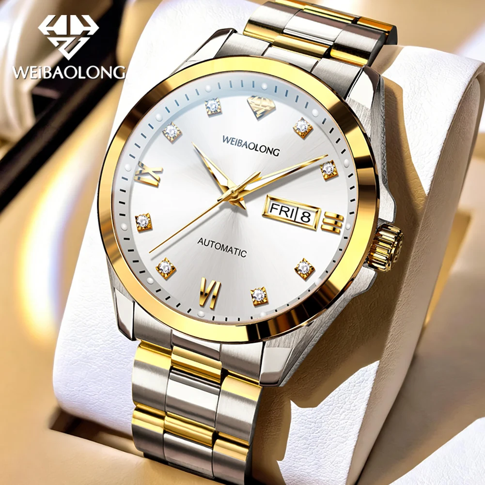 WEIBAOLONG 3818 Men's Watch Imported Movement Automatic Mechanical Wristwatch Real Gold&Diamond Deep Waterproof Mens Clock Reloj