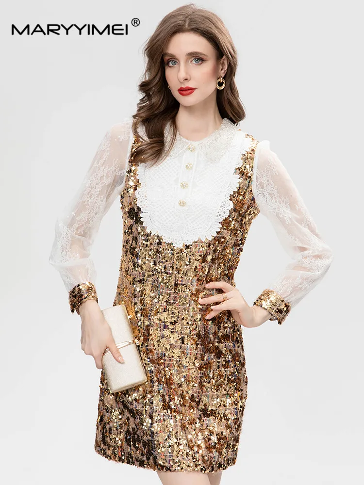 

MARYYIMEI New Fashion Runway Designer Women's Lapel Tulle Lantern Long Sleeve Sequin Beaded Button England Style MIDI Dress