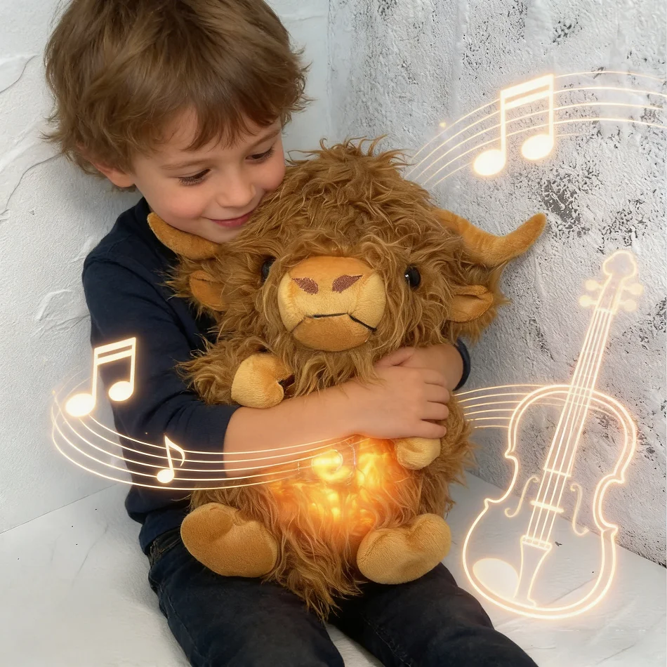 

Glow in The Dark Highland Cow Plush Toy, Musical Lullaby Stuffed Animal with Warm Night Light, Soft Sensory Plushie for Baby Sle