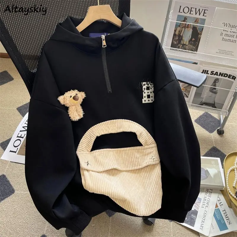 

Hooded Sweatshirts Women Thicker Patch Designs Zippers Design Loose Casual Coats Fashion Age-reducing Korean Style All-match