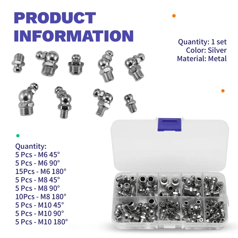 ส่วนใหญ่-60 ชิ้นเมตริกจาระบีชุดอุปกรณ์โลหะM6 M8 M10 45 90 องศาจาระบีไฮดรอลิกZerk AssortmentสําหรับมุมจาระบีMechani