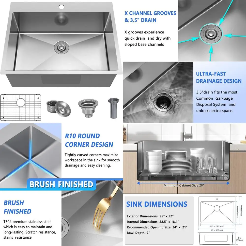 حوض مطبخ بوعاء واحد من الفولاذ المقاوم للصدأ - حامل علوي مقاس 25 × 22 بوصة مقاس 18 مع شبكة للمطابخ الحديثة