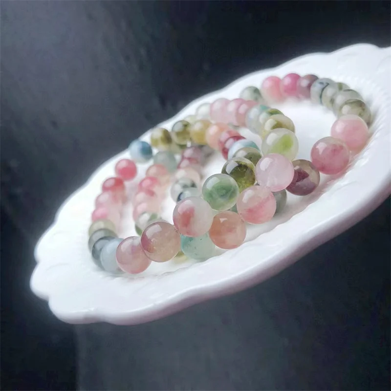 8MM Natural Watermelon Tourmaline bracelet Women Lucky Crystal Clear Round Beads Strand Bangles Healing Jewelry Gift